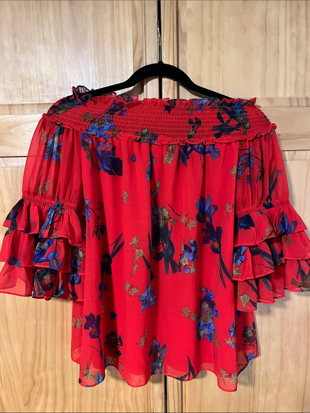 CeCe Red Floral Off-Shoulder Ruffle Blouse